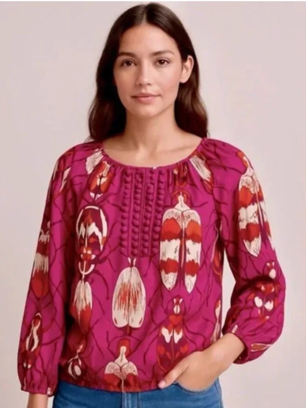 Tory Burch Satin Silk Beetle Print Bohemian Magenta Blouse Size 10